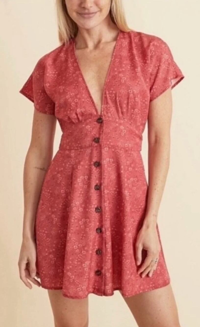 MARINE LAYER Camila Short Sleeve Floral Print Mini Dress in Coral Red Size M